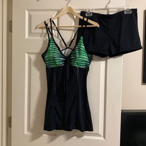 New! Green stripe strappy swim dress with boy shorts!